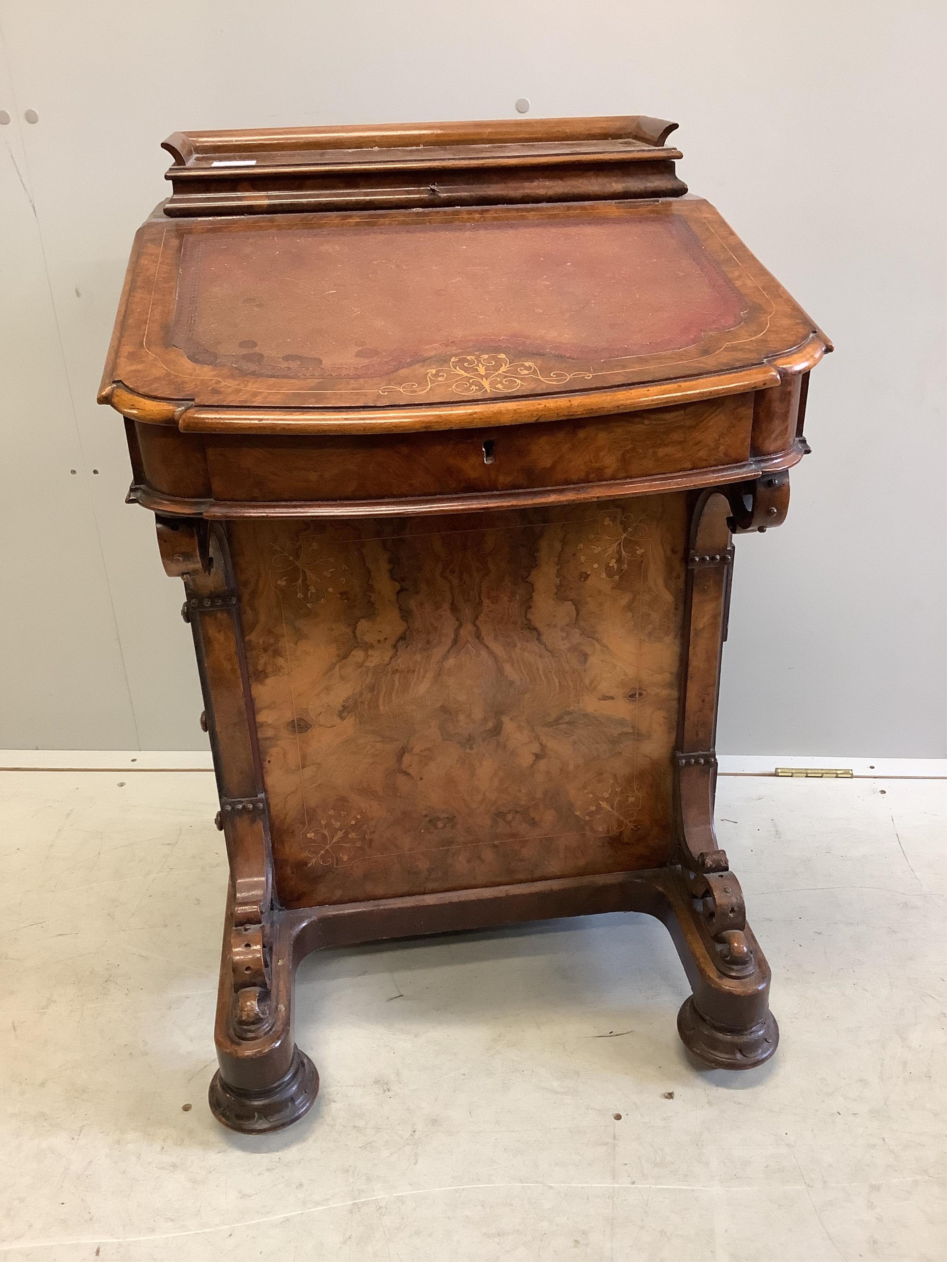 A Victorian inlaid burr walnut Davenport, width 56cm, depth 54cm, height 90cm. Condition - fair to good
